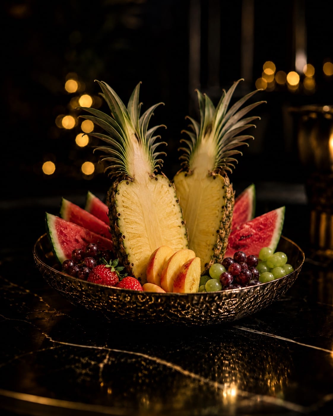 An ornate black and gold bowl filled with pineapple, watermelon, grapes, strawberries, and sliced fruit