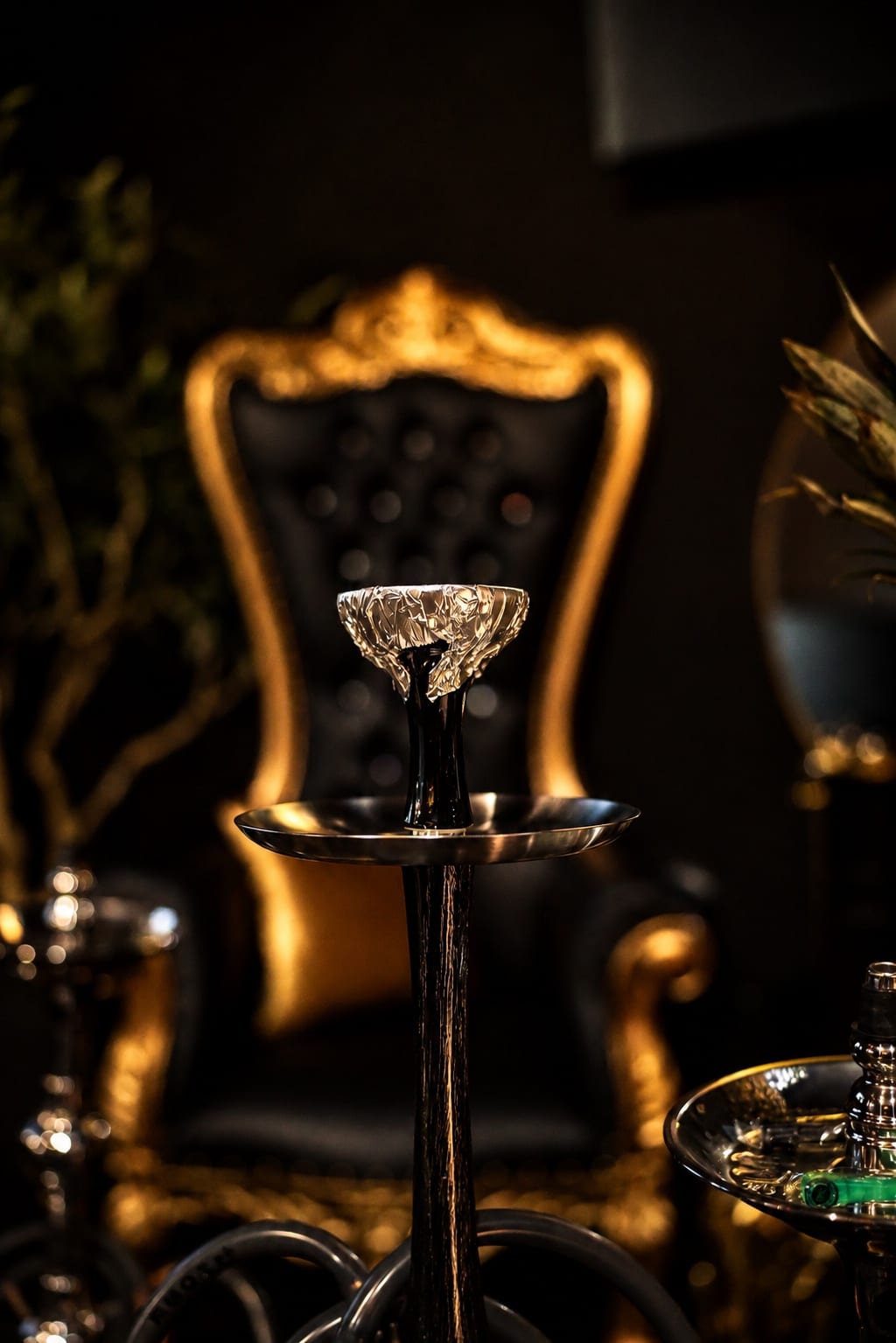 A premium hookah staged before a black and gold throne chair